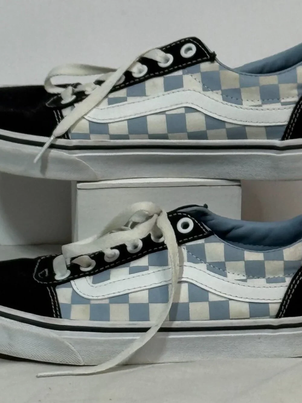 Vans Old Skool Blue Checkerboard Sneakers Black Suede Low Top Women's Size 7
